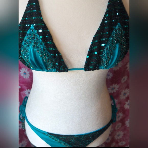 Beautiful Handmade Beaded Columbian thong Bikini. Sz. M. New. Aqua&Emerald. - Picture 14 of 14